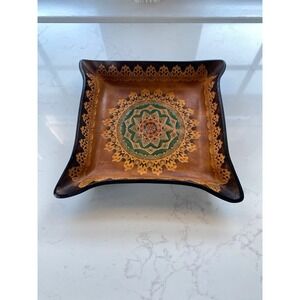Hand Tooled Leather Vintage Trinket Dish Mandala Green Gold Decorative Catch All